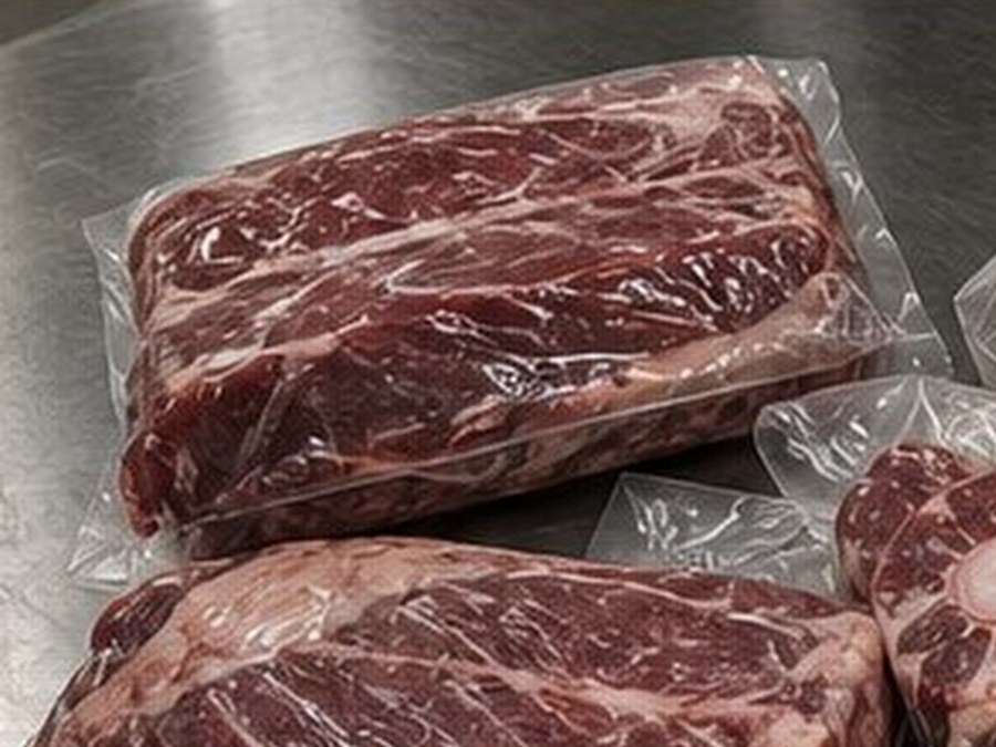 Vacuum-sealed beef packs on stainless in a USDA plant