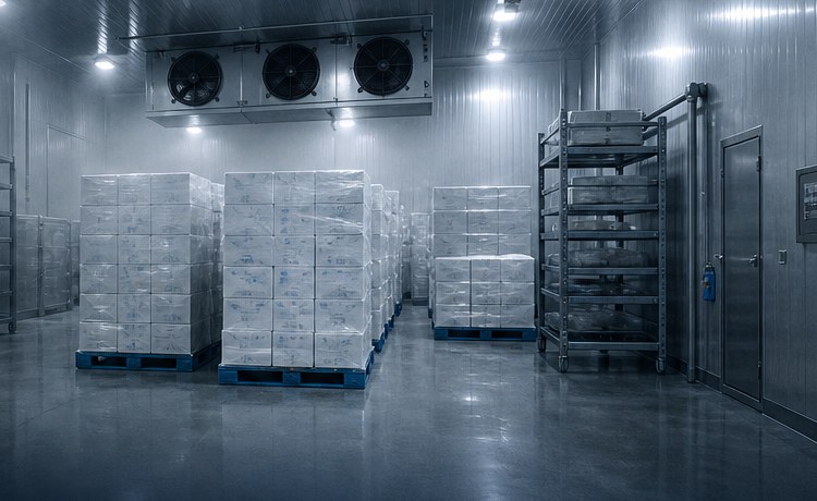 Cold storage warehouse, staged cases ready to move